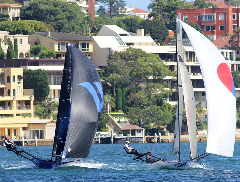 Father and son do battle as John Winning's Yandoo and John Winning Jr Winning Group race down the final spinnaker leg of the course during the 18ft Skiff NSW Championship final race photo copyright Frank Quealey taken at Australian 18 Footers League and featuring the 18ft Skiff class