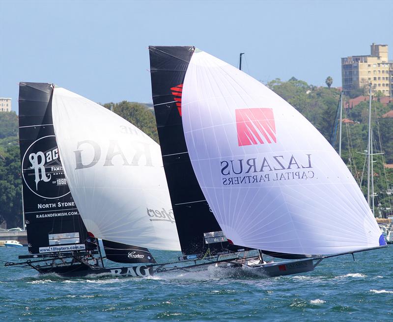 Lazarus Capital Partners leads Rag and Famish Hotel on the run to Robertson Point during the 18ft Skiff NSW Championship final race photo copyright Frank Quealey taken at Australian 18 Footers League and featuring the 18ft Skiff class