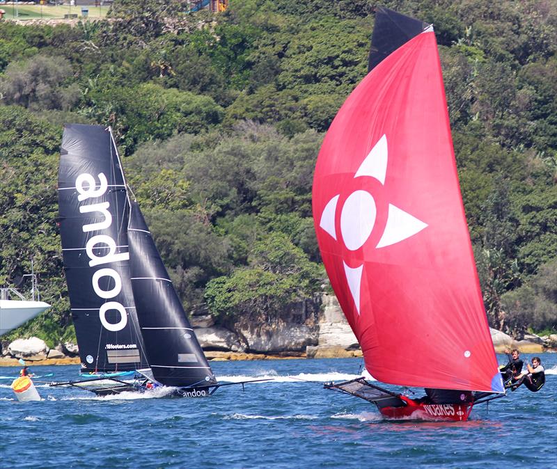 Noakesailing leads Andoo around the Rose Bay windward mark on the final lap of the course during the 18ft Skiff NSW Championship final race photo copyright Frank Quealey taken at Australian 18 Footers League and featuring the 18ft Skiff class