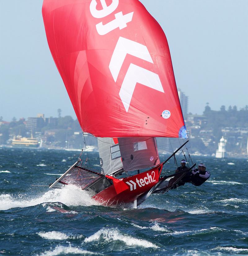 tech2 coming to the finish a winner of Race 3 of the 18ft Skiff Australian Championship photo copyright Frank Quealey taken at Australian 18 Footers League and featuring the 18ft Skiff class