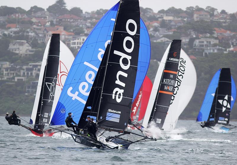 Spinnaker run to the bottom mark during the 18ft Skiff Australian Championship photo copyright Frank Quealey taken at Australian 18 Footers League and featuring the 18ft Skiff class