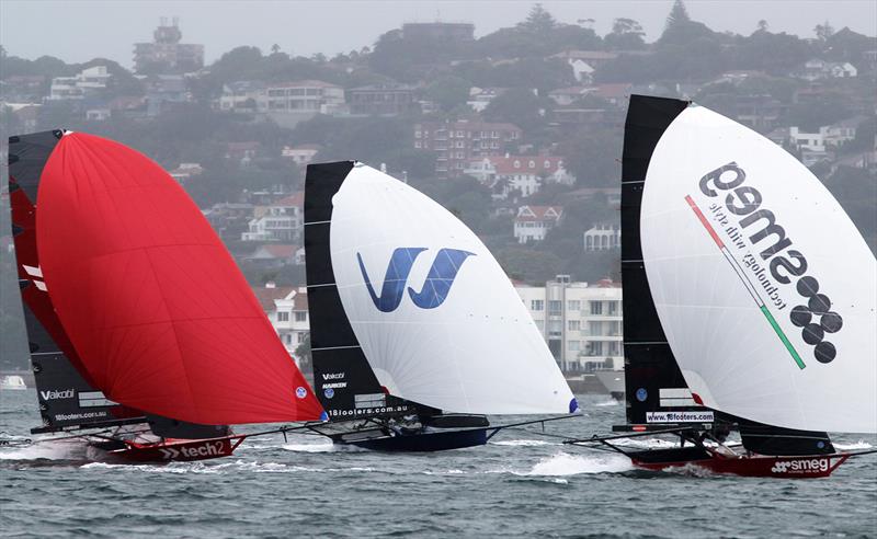 Three leaders race to the finish line in Race 4 of the 18ft Skiff Australian Championship photo copyright Frank Quealey taken at Australian 18 Footers League and featuring the 18ft Skiff class