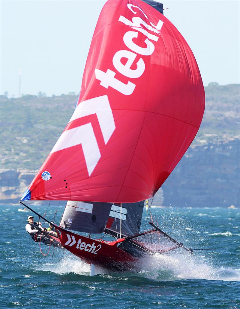 Championship leader tech2 on the way to winning Race 2 of the 18ft Skiff Australian Championship photo copyright Frank Quealey taken at Australian 18 Footers League and featuring the 18ft Skiff class