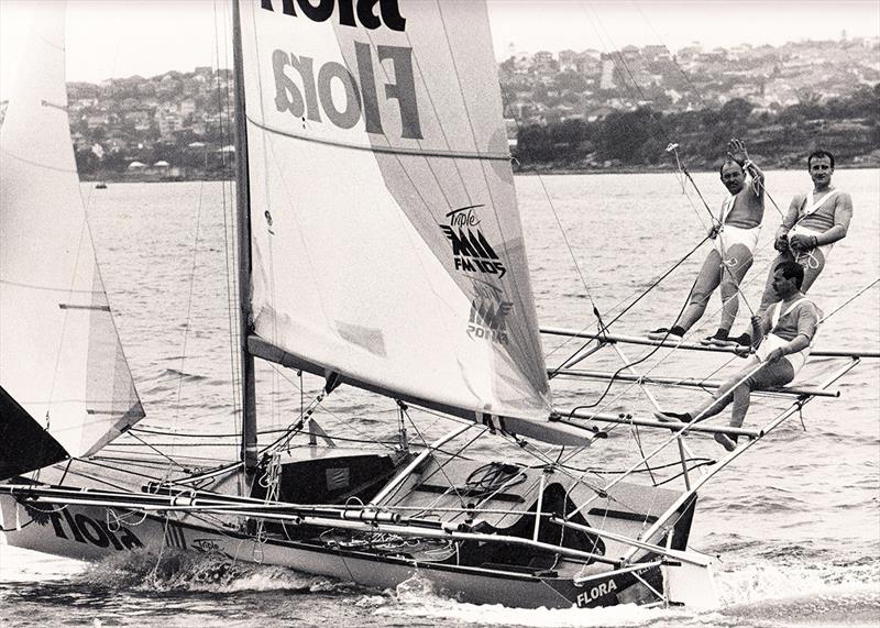 Jay Harrison, sheet hand, with skipper John Winning and bow Grant Pollitt on Flora-Triple M in the late 1980s photo copyright Archive taken at Australian 18 Footers League and featuring the 18ft Skiff class