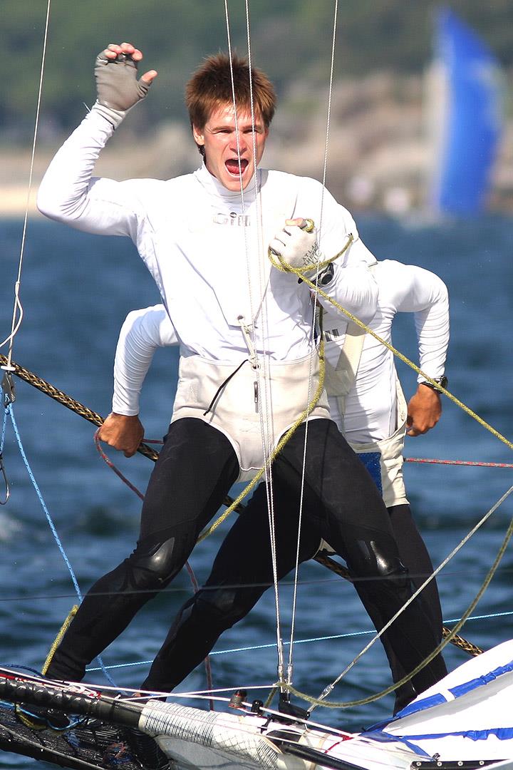 Trent Barnabas show his excitement at winning the 2009 JJ Giltinan World Championship photo copyright Frank Quealey taken at Australian 18 Footers League and featuring the 18ft Skiff class