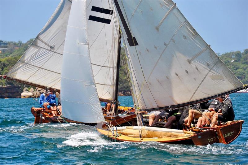 Tangalooma and Top Weight crossing tacks during the Australian Historical 18s Championship photo copyright Bruce Kerridge taken at Sydney Flying Squadron and featuring the 18ft Skiff class