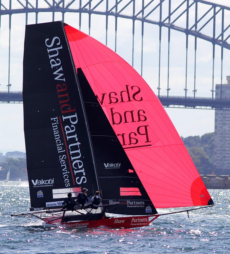 Shaw and Partners Financial Services led on the run across from Clark Island to Chowder Bay during race 9 of the 18ft Skiff Australian Championship photo copyright Frank Quealey taken at Australian 18 Footers League and featuring the 18ft Skiff class