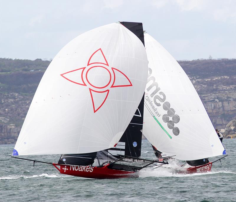 18ft Skiff JJ Giltinan Championship day 5: Noakesailing hold a narrow lead over Smeg down the middle run photo copyright Frank Quealey taken at Australian 18 Footers League and featuring the 18ft Skiff class