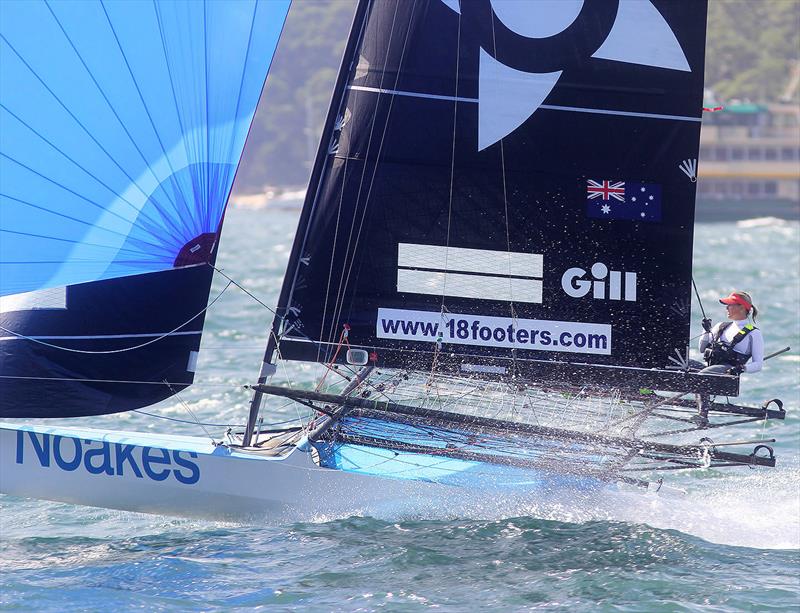 18ft Skiff JJ Giltinan Championship day 6: Yvette Heritage proves she can match it with the boys in a 20-knot NE wind - photo © Frank Quealey