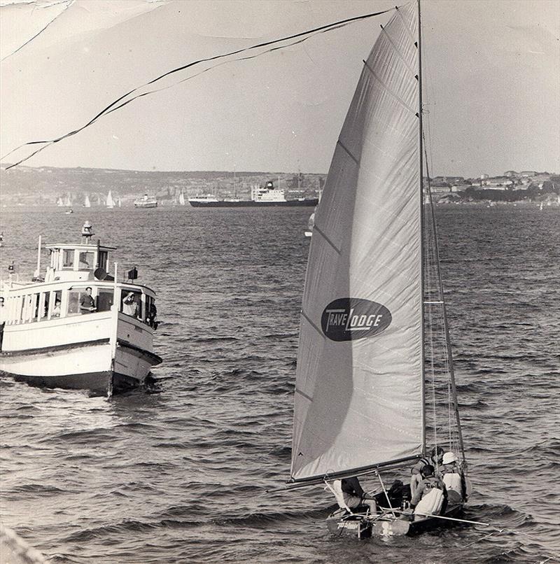 A familiar sight, Travelodge flying the victor's ribbons photo copyright Archive taken at Australian 18 Footers League and featuring the 18ft Skiff class
