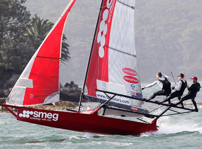 Smeg crew prepare for a fast two-sail reach across Sydney Harbour in a South East wind photo copyright Frank Quealey taken at Australian 18 Footers League and featuring the 18ft Skiff class