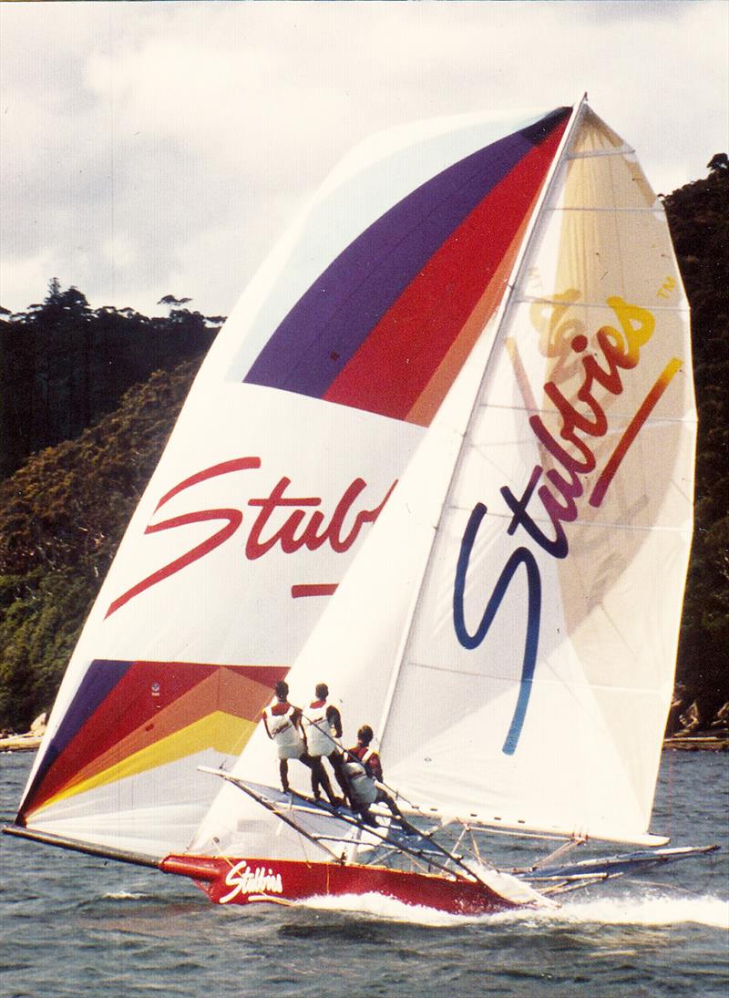 Stubbies during the 1985-1986 season on a South Easterly spinnaker run photo copyright Frank Quealey taken at Australian 18 Footers League and featuring the 18ft Skiff class