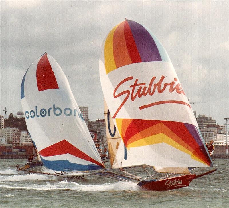 Stubbies and Lysaght Colorbond on a southerly run in 1985-1986 photo copyright Frank Quealey taken at Australian 18 Footers League and featuring the 18ft Skiff class