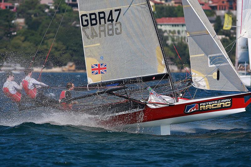 The British 18 Footer Challenge: Jarrod Simpson in action as skipper of Peters and May Racing on Sydney Harbour photo copyright Frank Quealey taken at Australian 18 Footers League and featuring the 18ft Skiff class