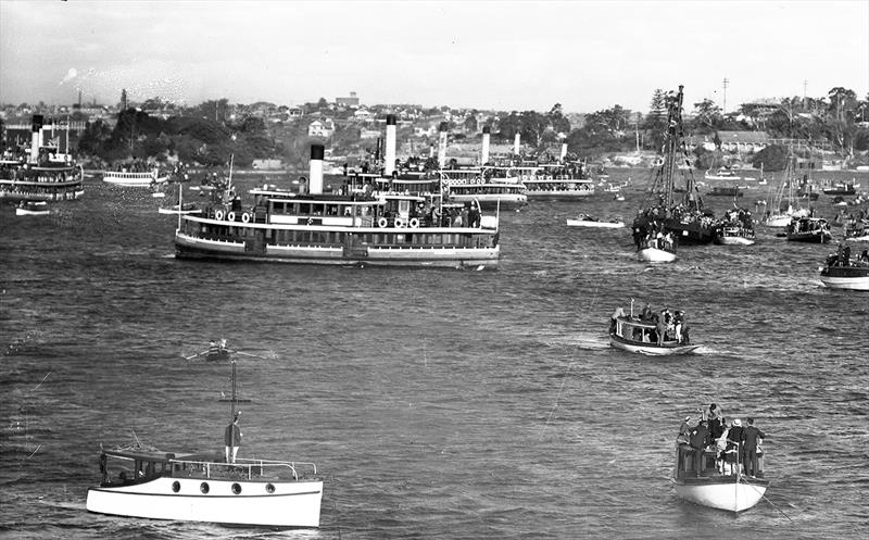 Scene at one of the very first races at the League in 1935. Note some of the seven spectator ferries lined up to follow the racing photo copyright Archive taken at Australian 18 Footers League and featuring the 18ft Skiff class