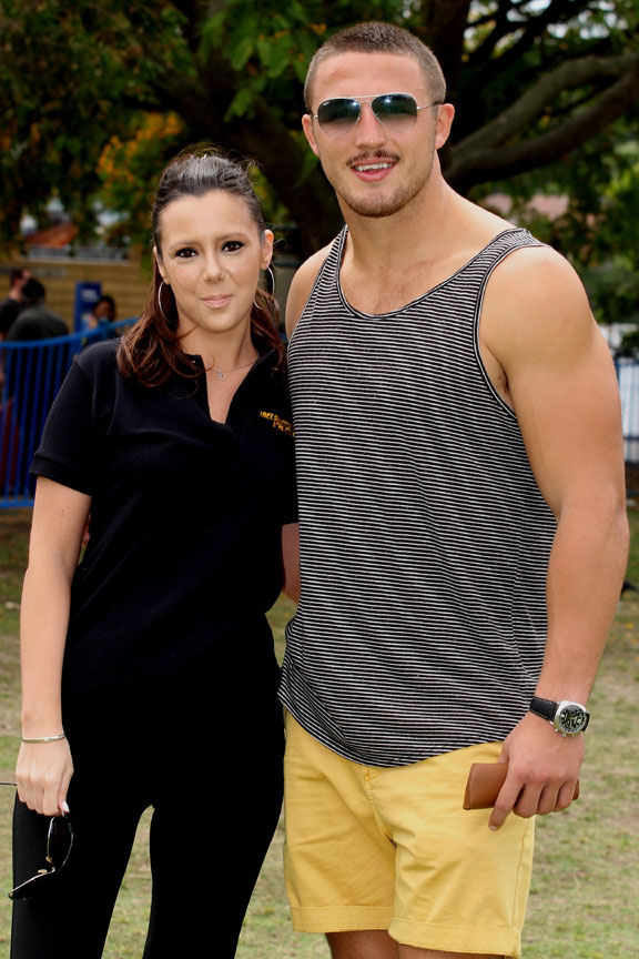 Rabbitohs great British International Sam Burgess with 18ft skiffs Angela Radojcic photo copyright Frank Quealey taken at Sydney Flying Squadron and featuring the 18ft Skiff class