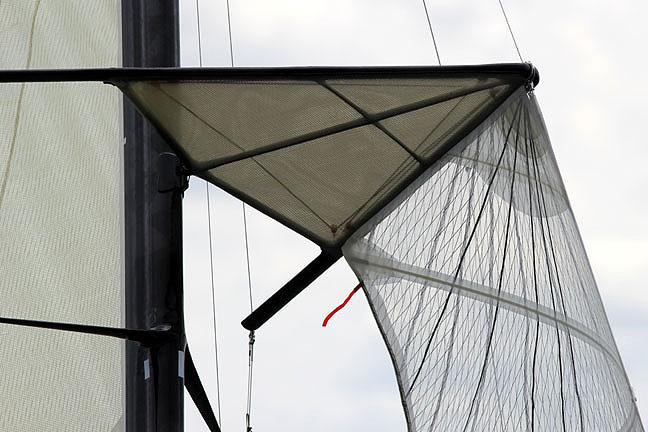 Lumix sports a radical new wing mast during race 2 of the NSW 18ft Skiff Championship photo copyright Frank Quealey taken at Sydney Flying Squadron and featuring the 18ft Skiff class