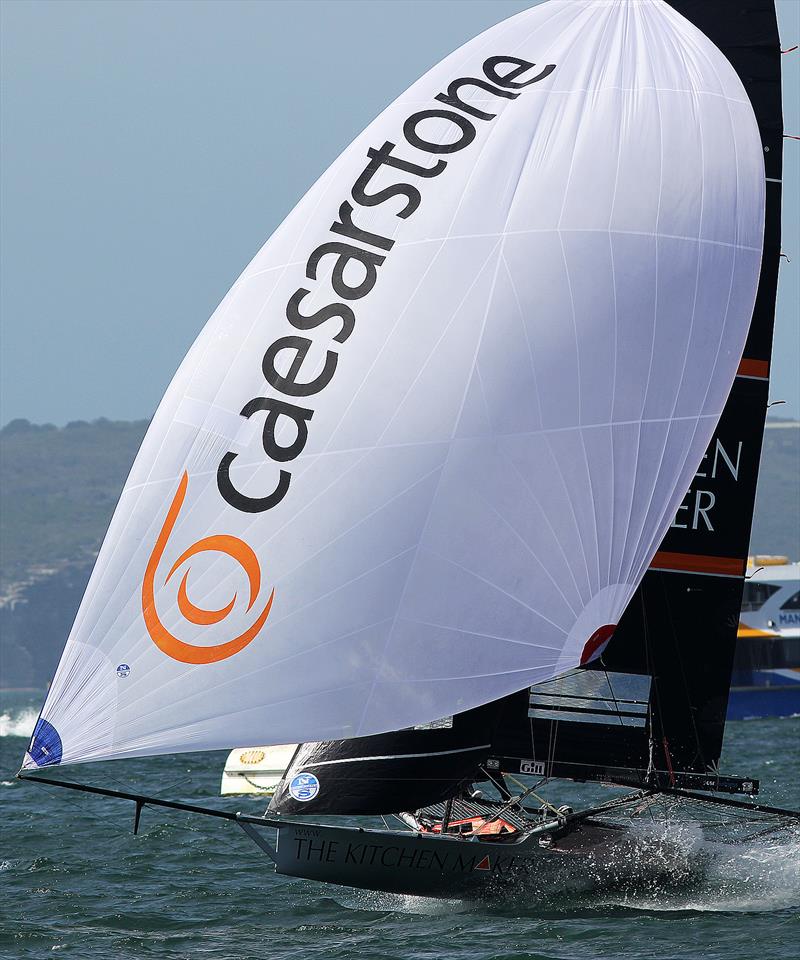 NSW champion The Kitchen Maker had a mixed day when gear failure forced them back in the fleet for Race 2, Australian National Championships, Sydney, January 28, 2018 photo copyright Frank Quealey taken at Australian 18 Footers League and featuring the 18ft Skiff class