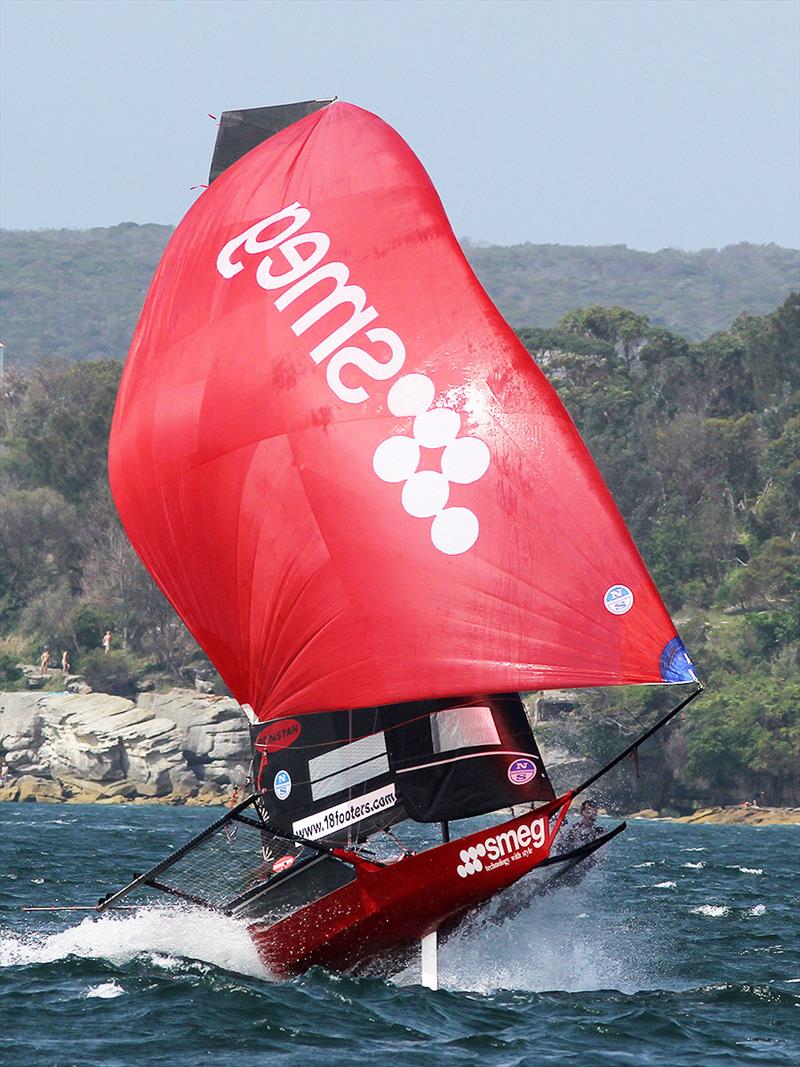 Smeg flys on her way to victory in Race 4 of the Spring Championship on Sydney Harbour photo copyright Frank Quealey taken at  and featuring the 18ft Skiff class
