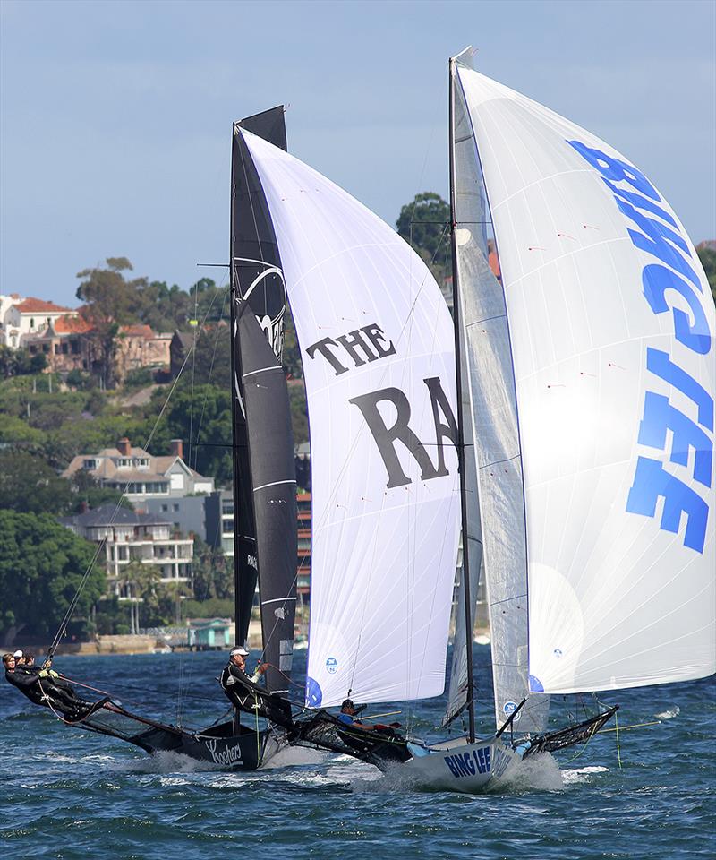 Bing Lee narrowly leads Rag and Famish Hotel to the bottom mark off Kurrabaa Point during the final race of the 18ft Skiff Spring Championship photo copyright Frank Quealey taken at Australian 18 Footers League and featuring the 18ft Skiff class