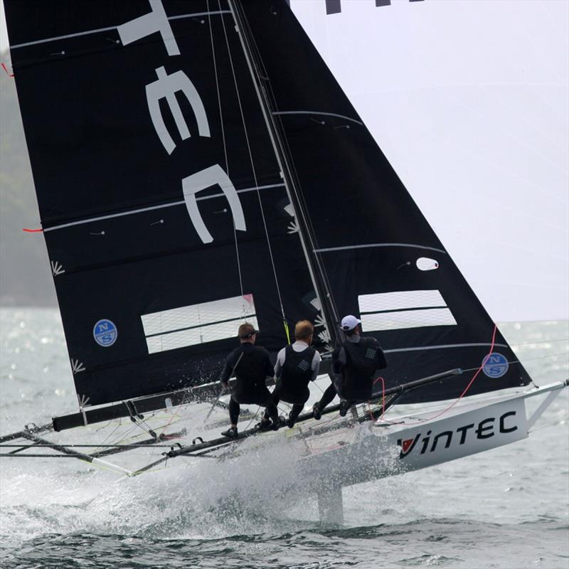 The young team drive Vintec hard downwind in the final race of the 2019 NSW 18ft Skiff Championship photo copyright Frank Quealey taken at Australian 18 Footers League and featuring the 18ft Skiff class
