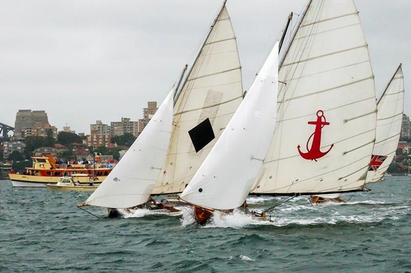 Race 1 start line, Yendys claims the pin - 2019 Historical 18 Footer Australian Championship photo copyright Bruce Kerridge taken at Sydney Flying Squadron and featuring the 18ft Skiff class