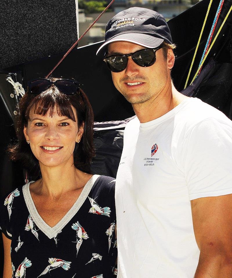 Birkenhead Point Marina's Marketing Manager Nicole Hanmer, and skipper Tom Anderson before the skiff's first race in the new colours photo copyright Frank Quealey taken at Australian 18 Footers League and featuring the 18ft Skiff class