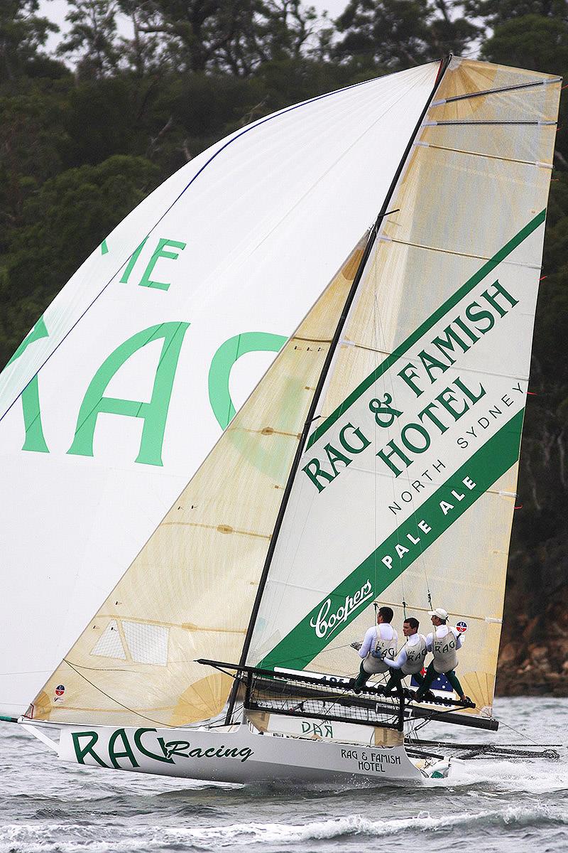 Peter and Scott with John Harris on Rag and Famish Hotel - JJ Giltinan Championship photo copyright Frank Quealey taken at Australian 18 Footers League and featuring the 18ft Skiff class