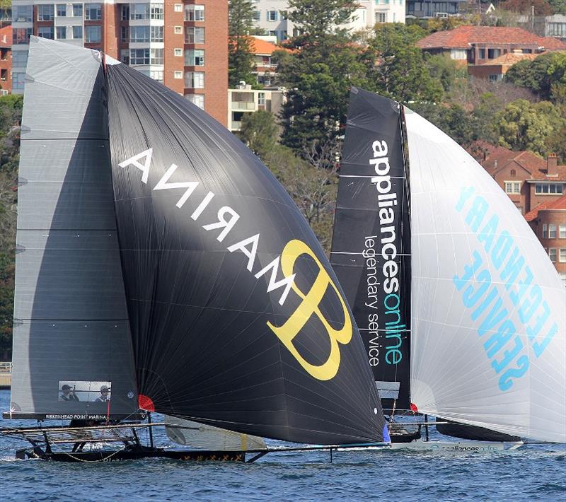 Appliancesonline and Birkenhead Point Marina onn the run to the wing mark on lap one of the course photo copyright Frank Quealey taken at Australian 18 Footers League and featuring the 18ft Skiff class