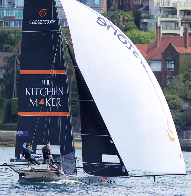 The Kitchen Maker-Caesarstone's team looking for more wind while leading the fleet in last Sunday's Race 1 of the Spring Championship photo copyright Frank Quealey taken at Australian 18 Footers League and featuring the 18ft Skiff class