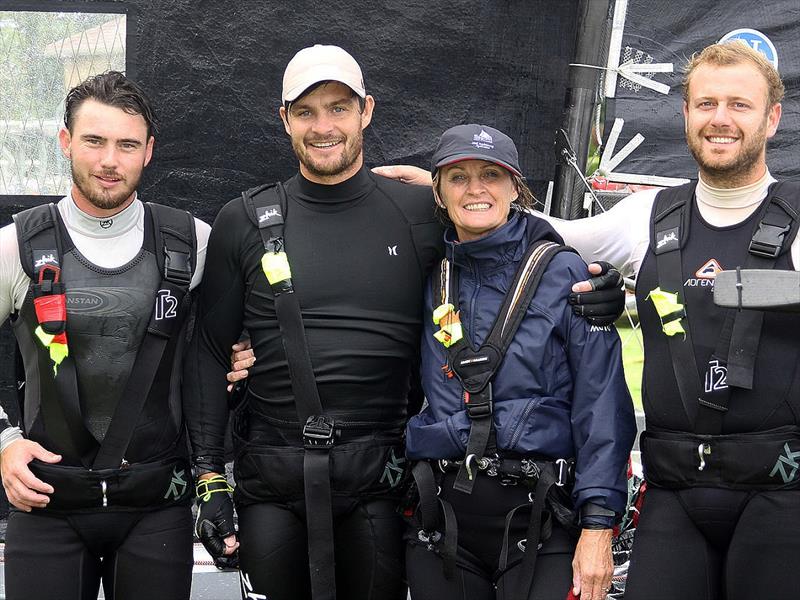 Dal Zotto team with the Queen of the Harbour, Corinne Feldman photo copyright Frank Quealey taken at Australian 18 Footers League and featuring the 18ft Skiff class