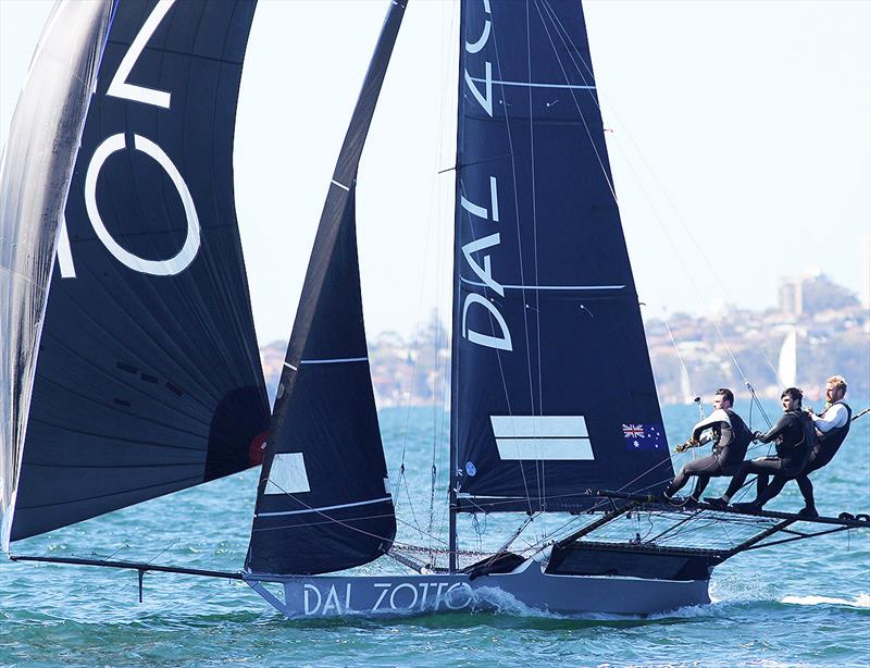 Jack Sprague, Josh Feldmann and Tim Narborough drive the Dal Zotto skiff in last Sunday's light easterly wind photo copyright Frank Quealey taken at Australian 18 Footers League and featuring the 18ft Skiff class