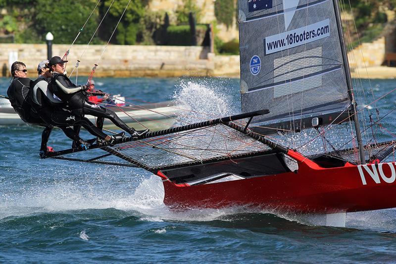 The pressure of sailing an 18ft Skiff shows on the faces of the Noakesailing team photo copyright Frank Quealey taken at Australian 18 Footers League and featuring the 18ft Skiff class