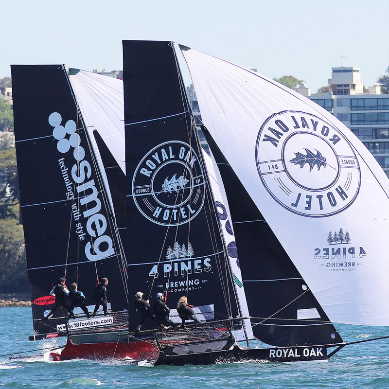 The Oak Double Bay-4 Pines and Smeg race to the bottom mark in Race 3 - Spring Championship photo copyright Frank Quealey taken at Australian 18 Footers League and featuring the 18ft Skiff class