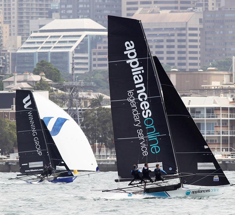 Appliancesonline.com.au two-sail reaches with her bigger rig while the Winning Group drive their skiff hard with the samller Number2 rig - 18ft Skiff NSW Championship 2019 photo copyright Frank Quealey taken at Australian 18 Footers League and featuring the 18ft Skiff class