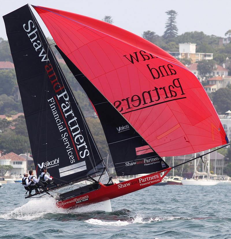 Shaw and Partners Financial Services becomes airborne after hitting the wake of a passing power boat - 18ft Skiff NSW Championship 2019 photo copyright Frank Quealey taken at Australian 18 Footers League and featuring the 18ft Skiff class