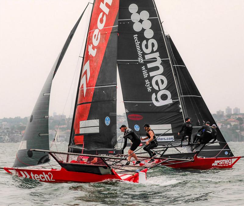 Smeg rounds the bottom mark just 3s ahead of Tech2 on lap one of Race 4 of the 18ft Skiff NSW Championship photo copyright Michael Chittenden taken at Australian 18 Footers League and featuring the 18ft Skiff class