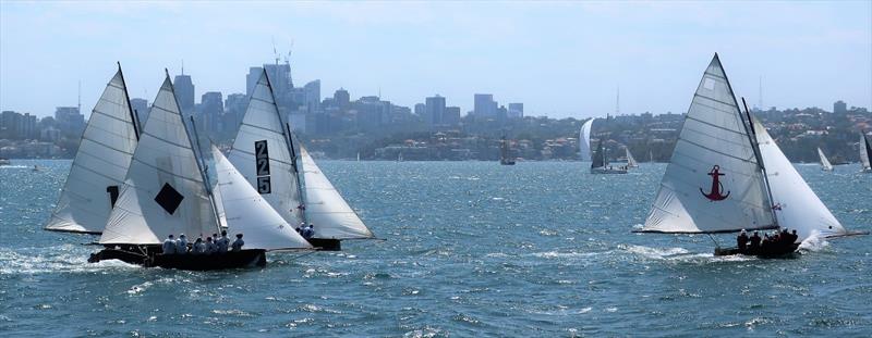 Shortly after start of Race 3, Yendys jumps clear of The Mistake (2 2=5), Aberdare (Black Diamond) and Top Weight (numeral 1, obscured) photo copyright Adrienne Jackson taken at Sydney Flying Squadron and featuring the 18ft Skiff class