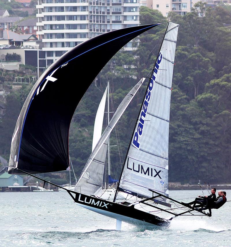 Aron Everett, with skipper Jono Whitty and bowman Greg Dixon on Panasonic Lumix photo copyright Frank Quealey taken at Australian 18 Footers League and featuring the 18ft Skiff class