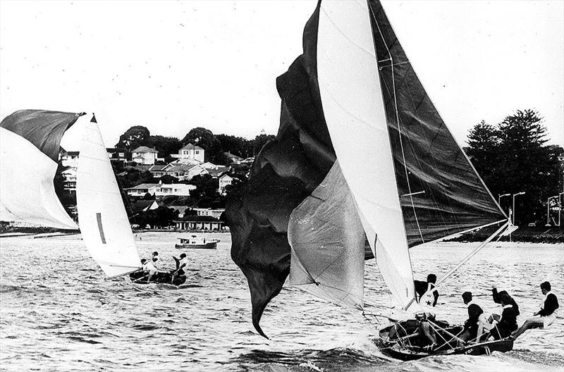 The Fox chases series winner Schemer at the 1963 Giltinan world Championship in Auckland photo copyright Frank Quealey taken at Australian 18 Footers League and featuring the 18ft Skiff class