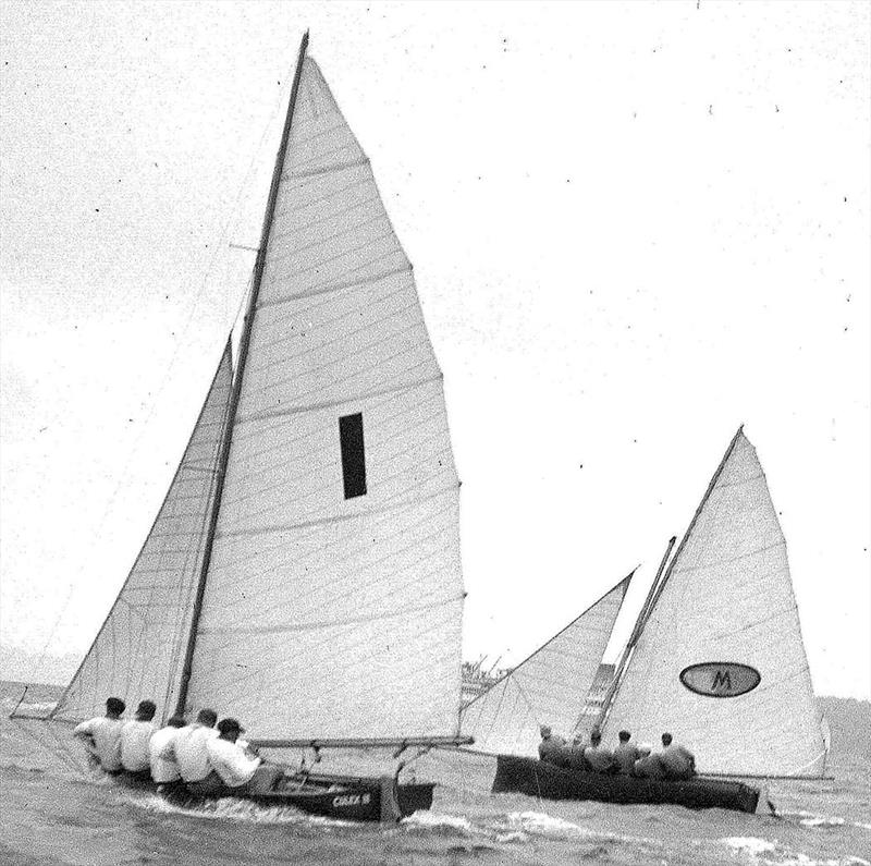 Myra Too and Culex III in action during the 1951 Giltinan Championship photo copyright Frank Quealey taken at Australian 18 Footers League and featuring the 18ft Skiff class