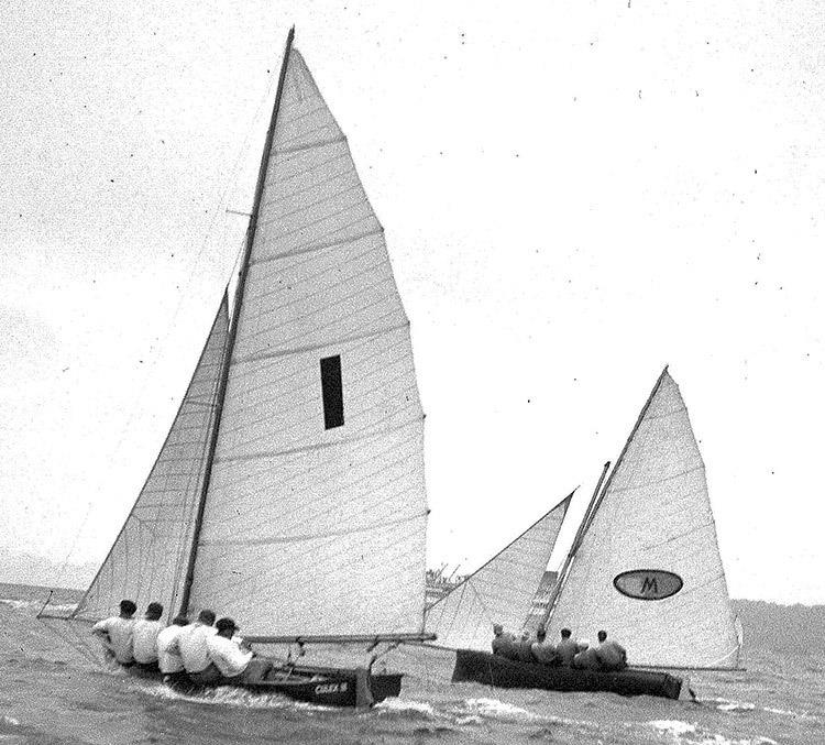 1949-1950 Australian champion Culex III (Lance Watts) and Myra Too during the 1951 Giltinan world Championship on Sydney Harbour - Queensland's golden days photo copyright Frank Quealey taken at Australian 18 Footers League and featuring the 18ft Skiff class