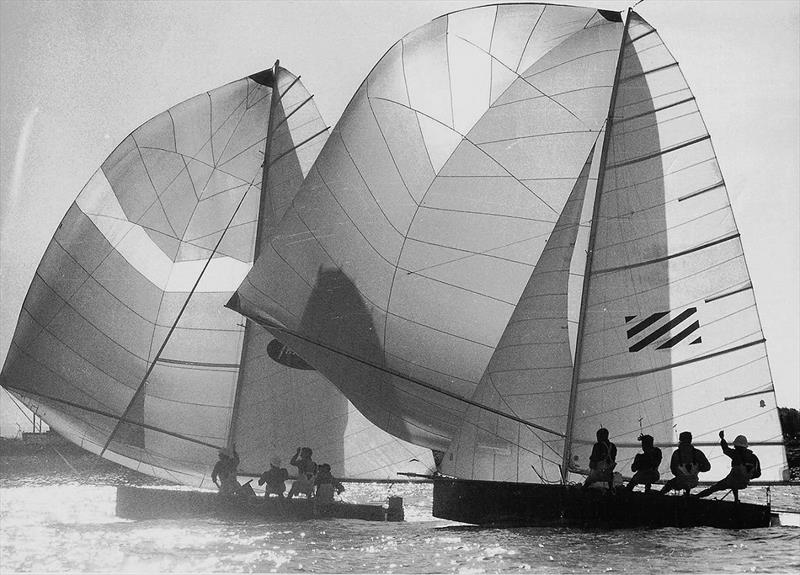 Willie B and TraveLodge during the sail-off to decide the 1969 Giltinan Championship, on the Brisbane River photo copyright Frank Quealey taken at Australian 18 Footers League and featuring the 18ft Skiff class