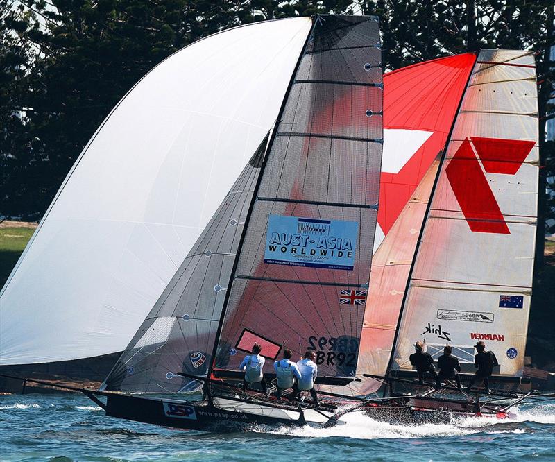 Greenhalgh and Jarvin close racing to the Shark Island Mark photo copyright Frank Quealey taken at Australian 18 Footers League and featuring the 18ft Skiff class