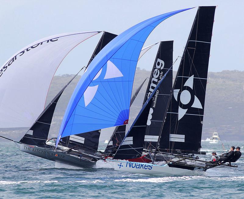 Noakes Blue, The Kitchen Maker-Caesarstone and Smeg race across Sydney Harbour in a South-East wind photo copyright Frank Quealey taken at Australian 18 Footers League and featuring the 18ft Skiff class