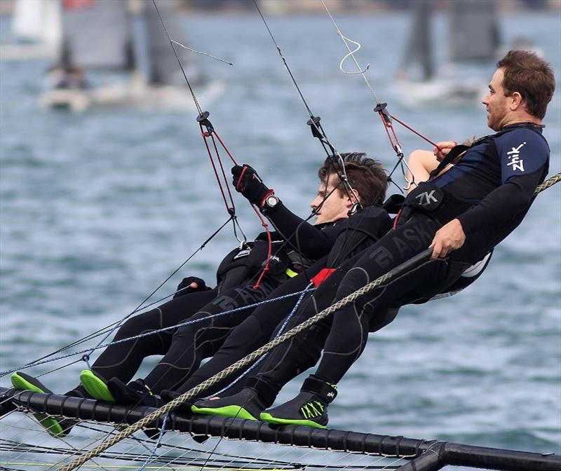 Pressure shows on the face of the winning skipper - 18ft Skiff Spring Championship Race 2 photo copyright Frank Quealey taken at Australian 18 Footers League and featuring the 18ft Skiff class