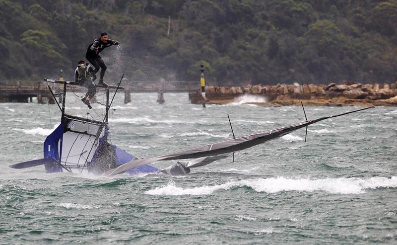 Abandon ship - 18ft Skiff NSW Championship Race 2 photo copyright Frank Quealey taken at Australian 18 Footers League and featuring the 18ft Skiff class