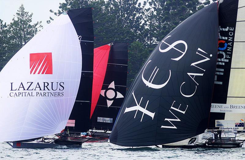 Lazarus Capital Partners in a close battle with the experienced Noakesailing and Finport Finance teams photo copyright Frank Quealey taken at Australian 18 Footers League and featuring the 18ft Skiff class