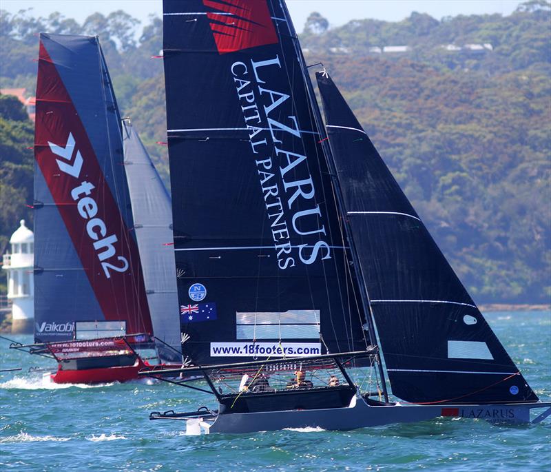The Australian champion tech2 and Lazarus Capital Partners rookie team go to windward in a NE breeze on Sydney Harbour photo copyright Frank Quealey taken at Australian 18 Footers League and featuring the 18ft Skiff class