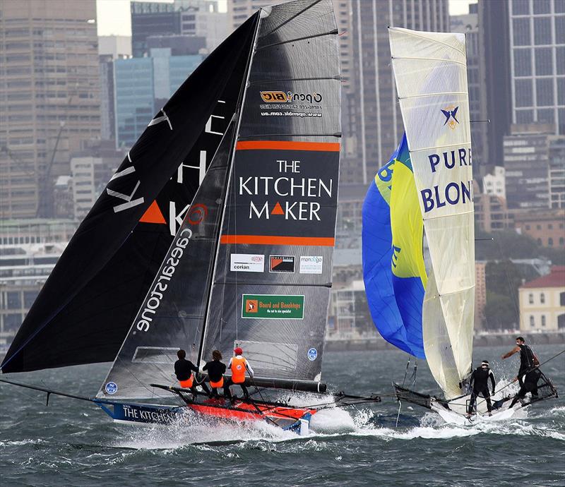 Action-packed spinnaker run to the bottom mark in a north east breeze photo copyright Frank Quealey taken at Australian 18 Footers League and featuring the 18ft Skiff class